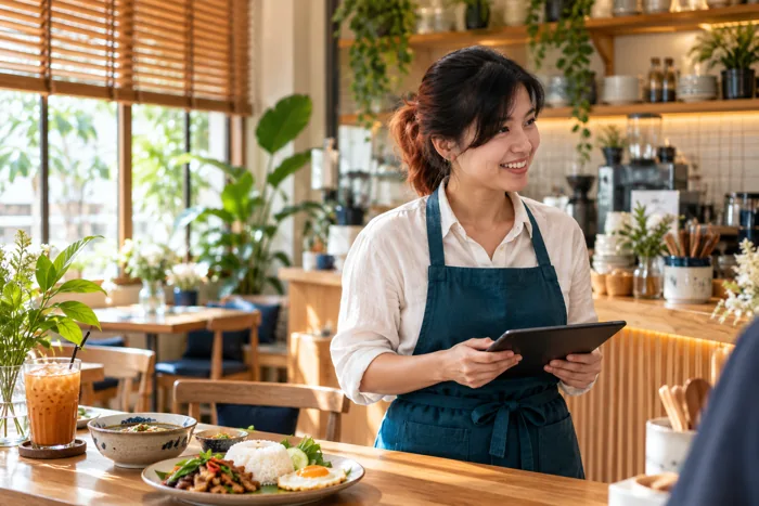 ภาพประกอบ AI เจ้าของร้านไทยยิ้มขณะถือแท็บเล็ต
